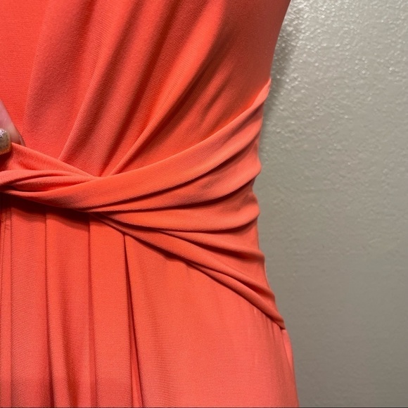 T Tahari Sleeveless Twist Front V Neck MIDI Dress Bright Salmon - Picture 7 of 13